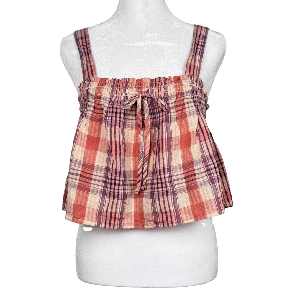 NWT American Eagle Crop Top Womens Plaid Boho Cottagecore X-Large Beige Pink Y2K